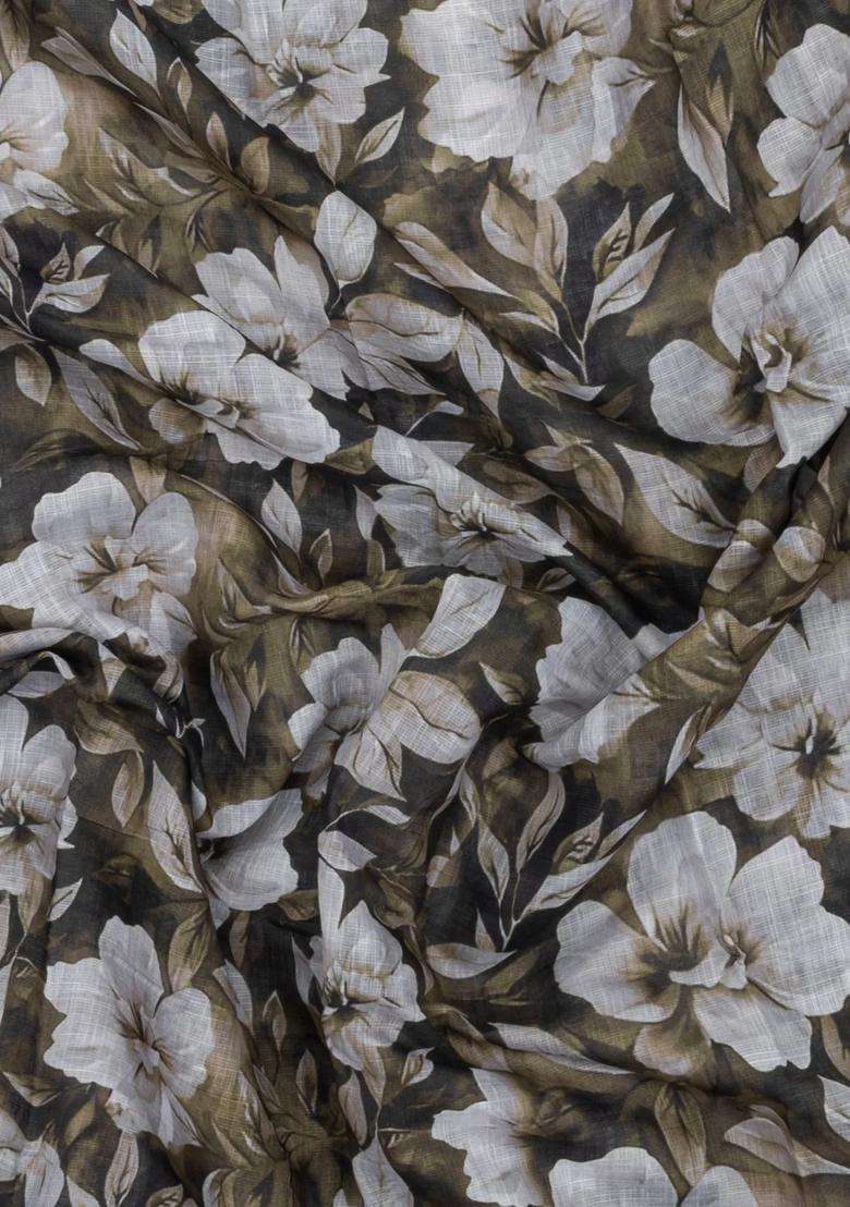 Dark Grey Printed Synthetic Linen Saree With Floral Motifs For Women - Indya