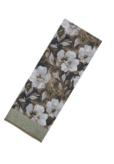 Dark Grey Printed Synthetic Linen Saree With Floral Motifs For Women