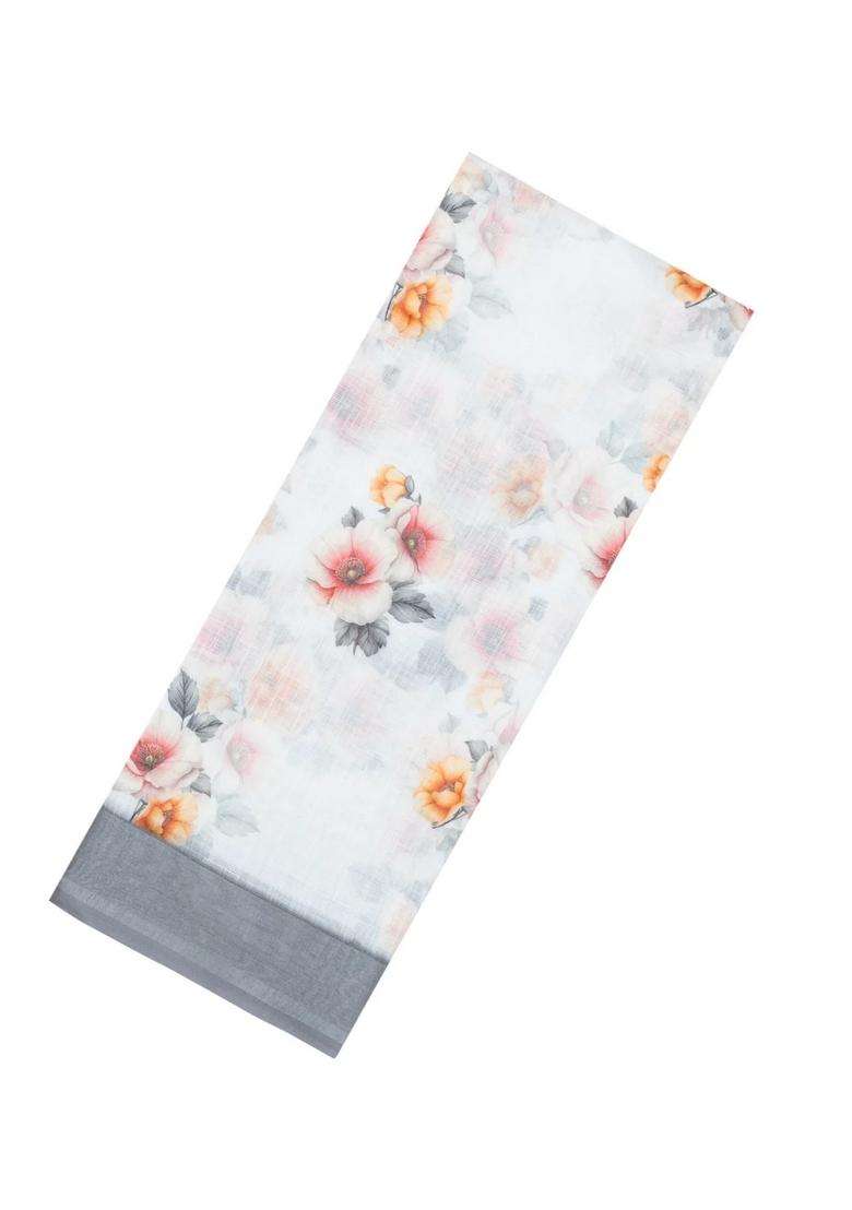 White Printed Synthetic Linen Saree With Floral Motifs For Women - Indya