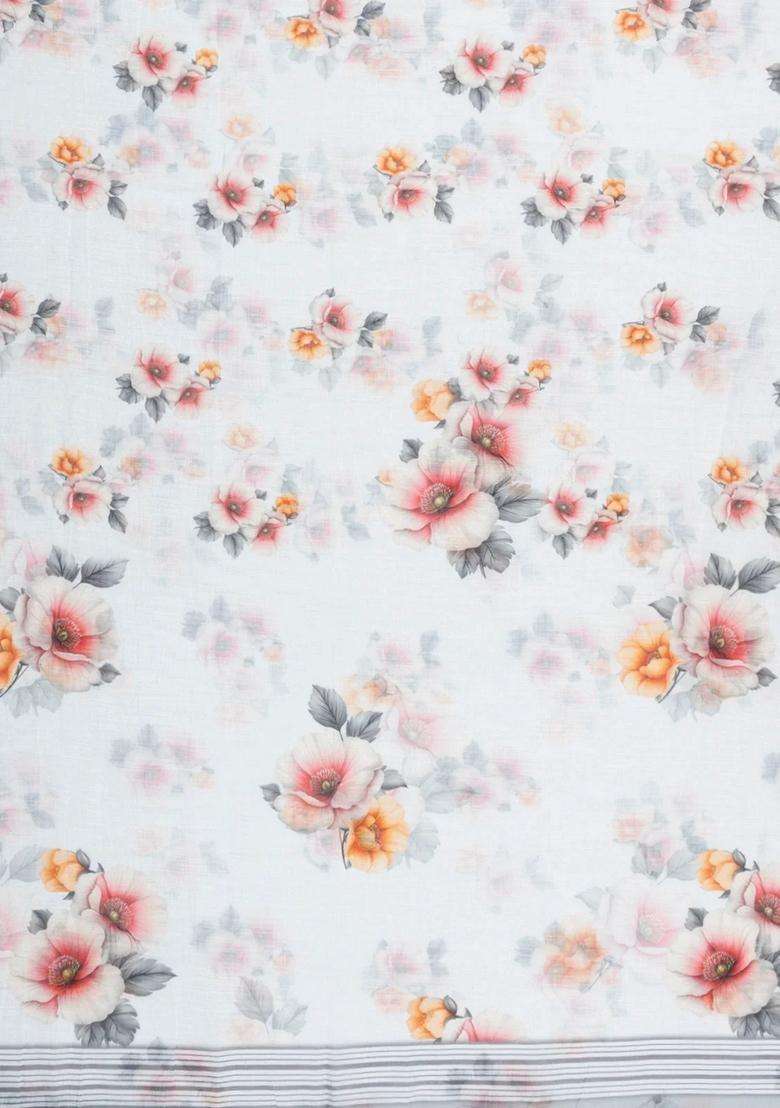 White Printed Synthetic Linen Saree With Floral Motifs For Women - Indya