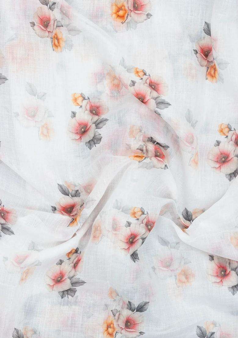 White Printed Synthetic Linen Saree With Floral Motifs For Women - Indya