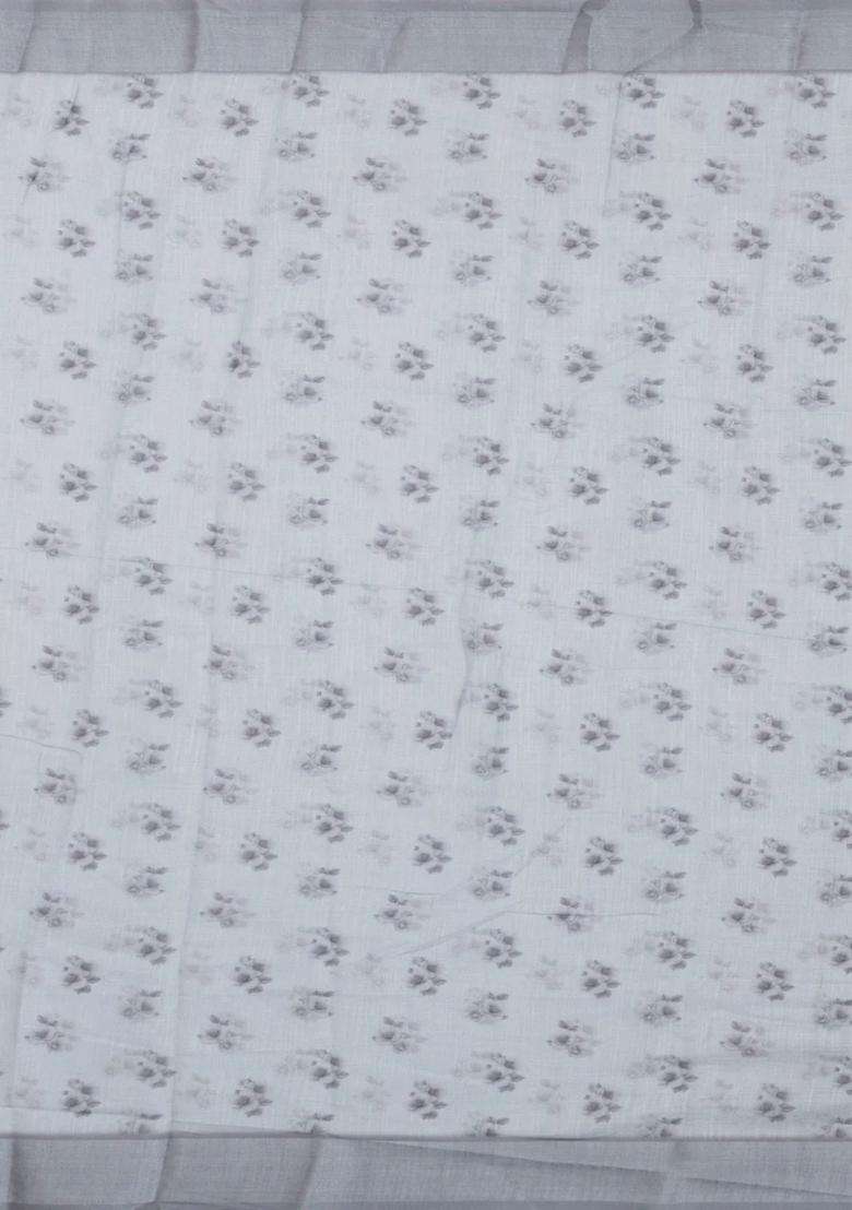White Printed Synthetic Linen Saree With Floral Motifs For Women - Indya
