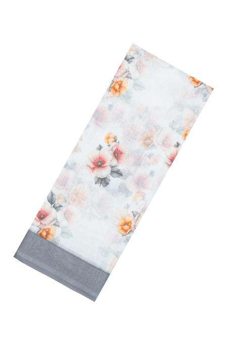 White Printed Synthetic Linen Saree With Floral Motifs For Women