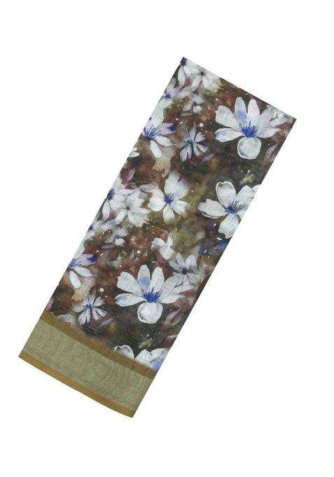 Dark Olive Printed Synthetic Linen Saree With Floral Motifs For Women