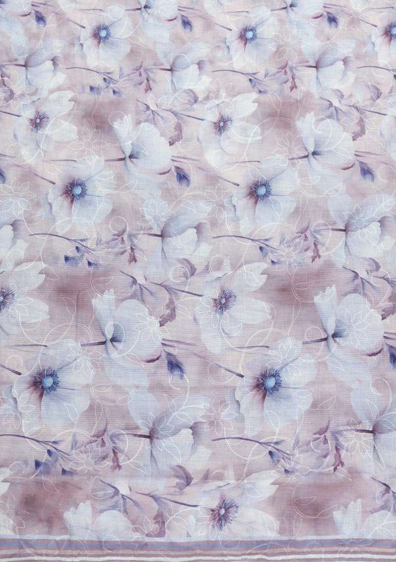 White Printed Synthetic Linen Saree With Floral Motifs For Women - Indya