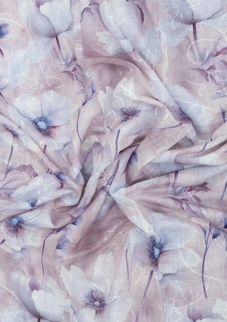 White Printed Synthetic Linen Saree With Floral Motifs For Women - Indya