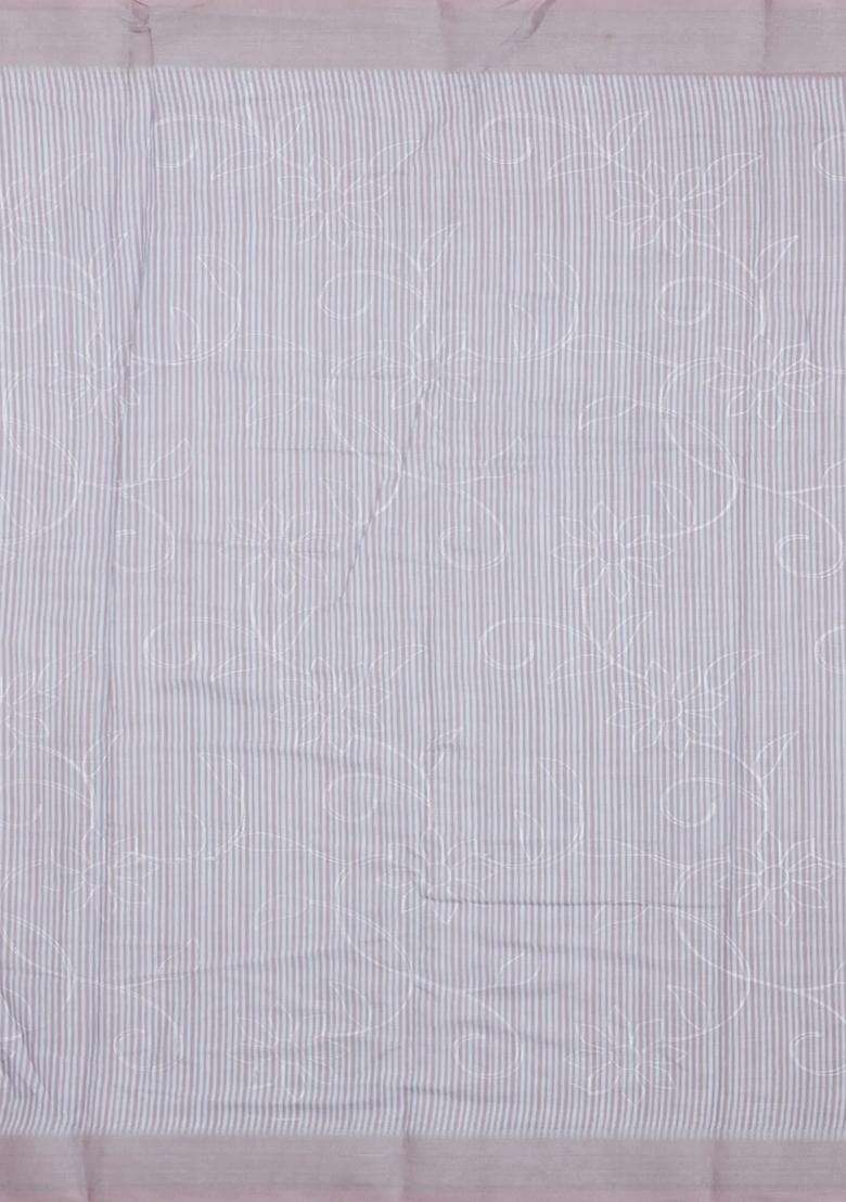 White Printed Synthetic Linen Saree With Floral Motifs For Women - Indya