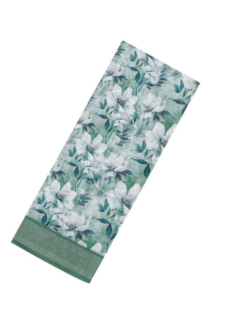 Cardamom Green Printed Synthetic Linen Saree With Floral Motifs For Women - Indya