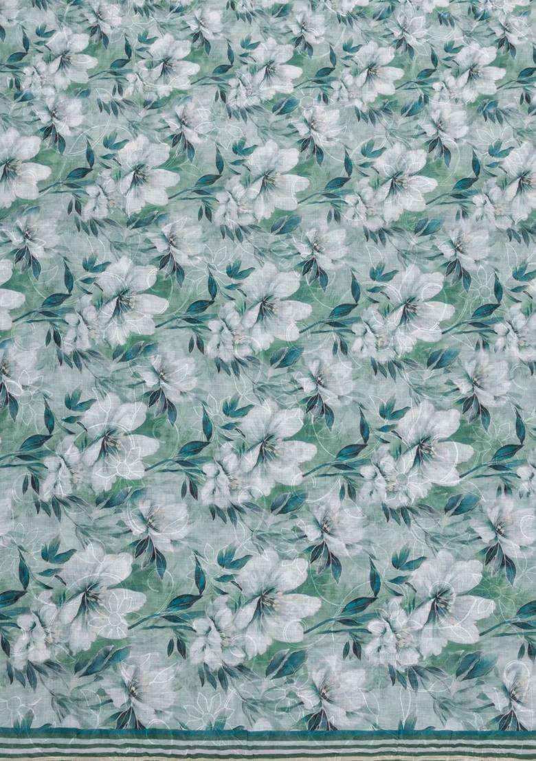 Cardamom Green Printed Synthetic Linen Saree With Floral Motifs For Women - Indya