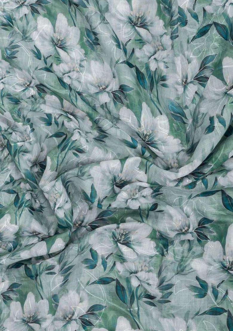 Cardamom Green Printed Synthetic Linen Saree With Floral Motifs For Women - Indya