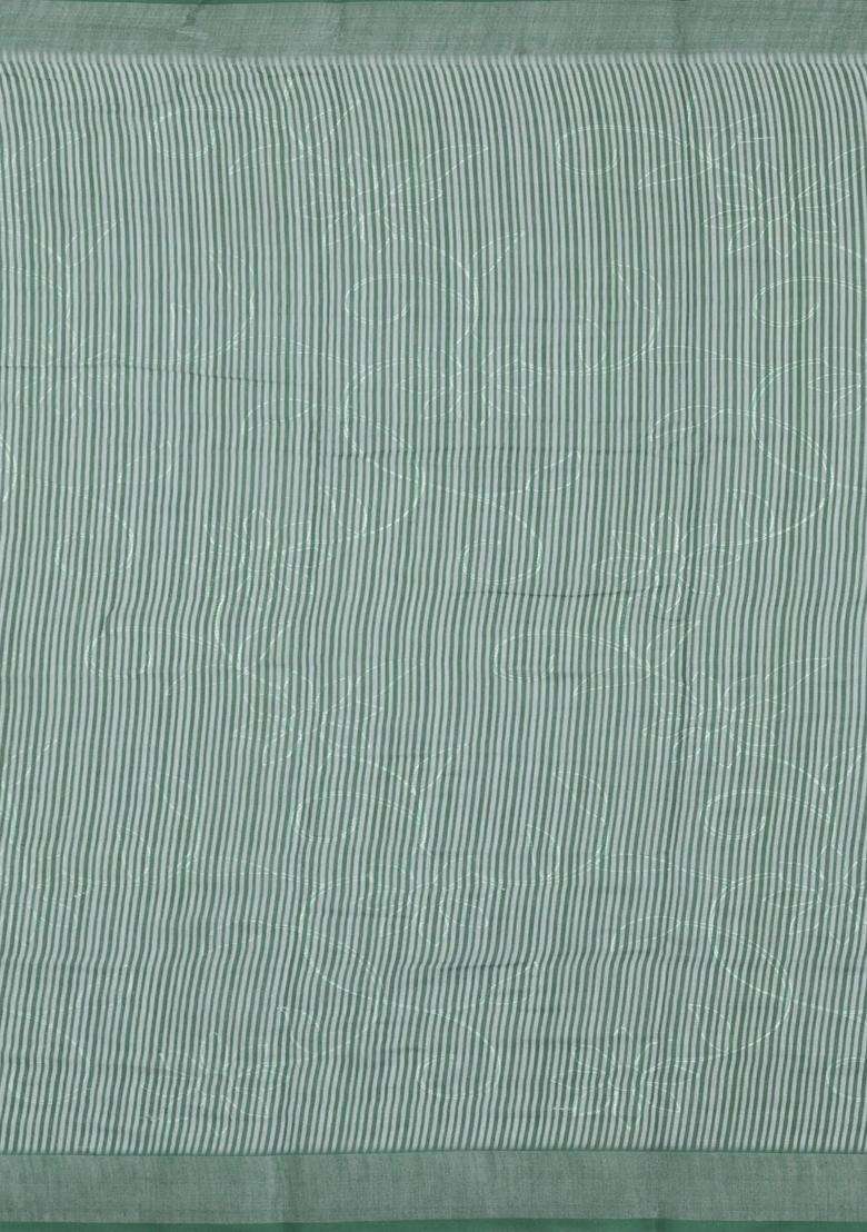 Cardamom Green Printed Synthetic Linen Saree With Floral Motifs For Women - Indya