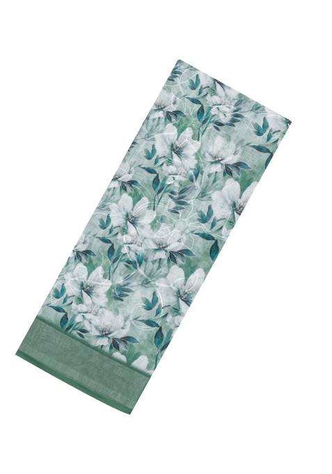 Cardamom Green Printed Synthetic Linen Saree With Floral Motifs For Women