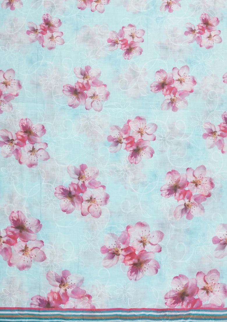 Turquoise Printed Synthetic Linen Saree With Floral Motifs For Women - Indya