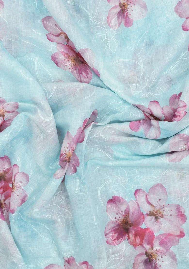 Turquoise Printed Synthetic Linen Saree With Floral Motifs For Women - Indya