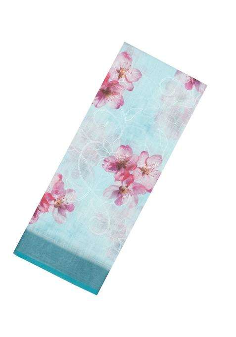 Turquoise Printed Synthetic Linen Saree With Floral Motifs For Women