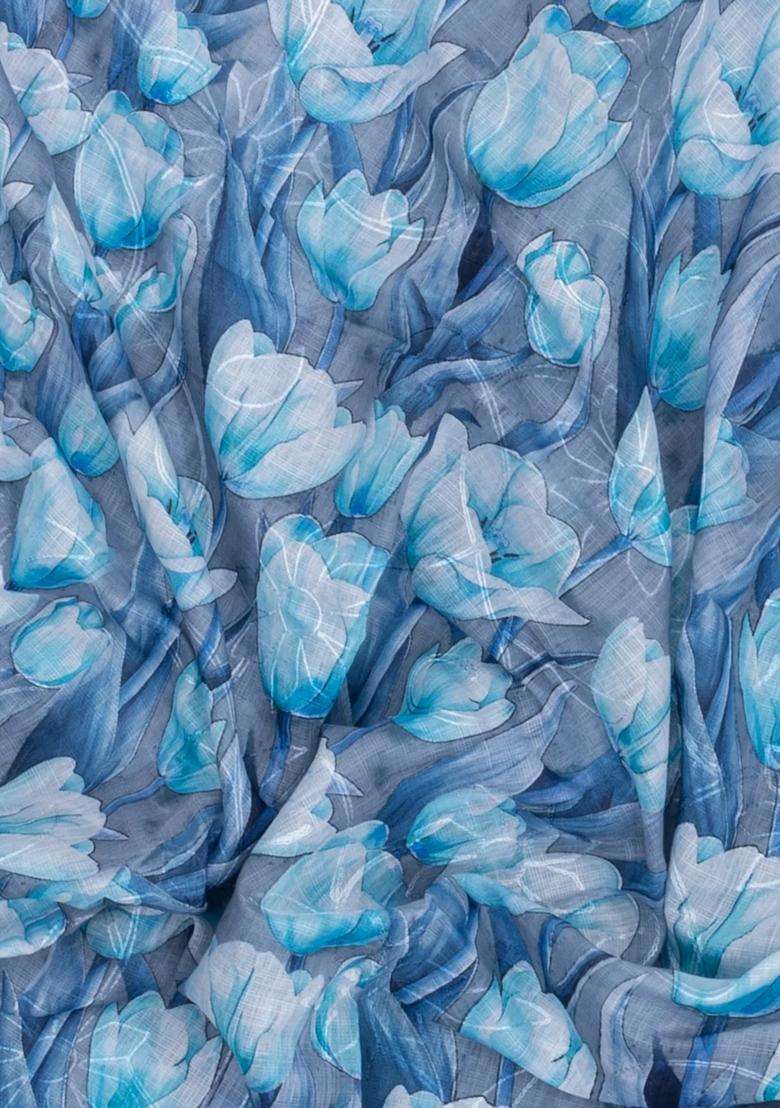 Grey Printed Synthetic Linen Saree With Floral Motifs For Women - Indya