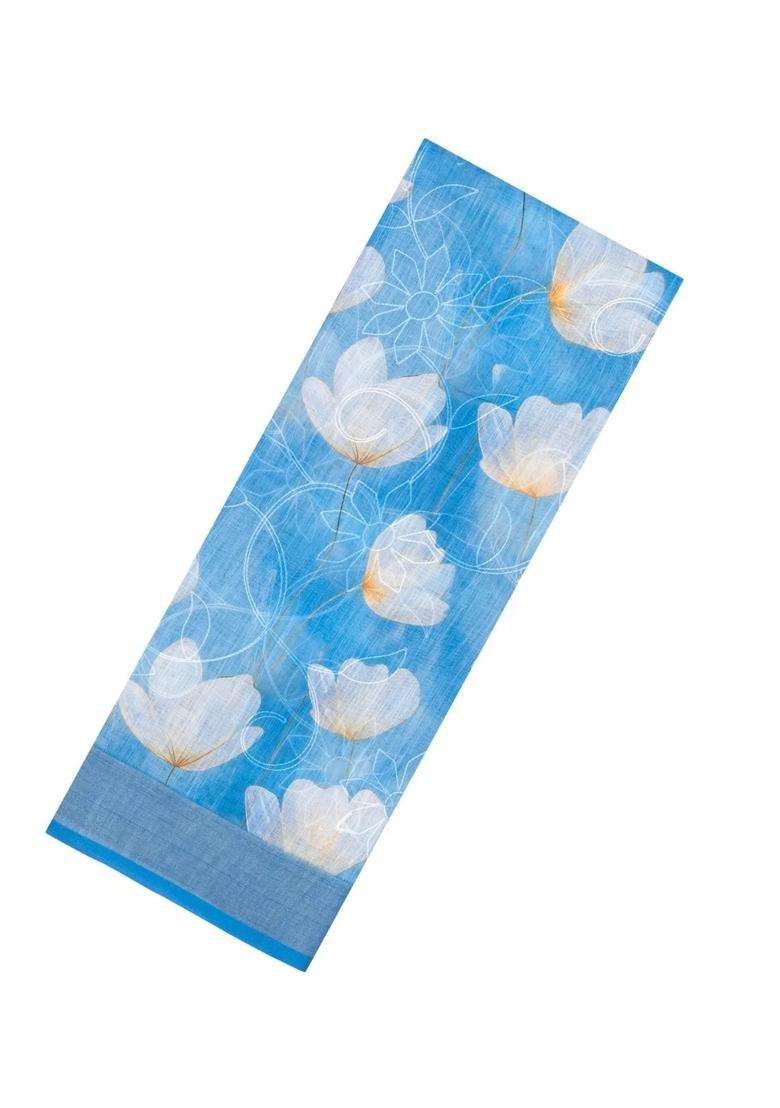 Sky Blue Printed Synthetic Linen Saree With Floral Motifs For Women - Indya
