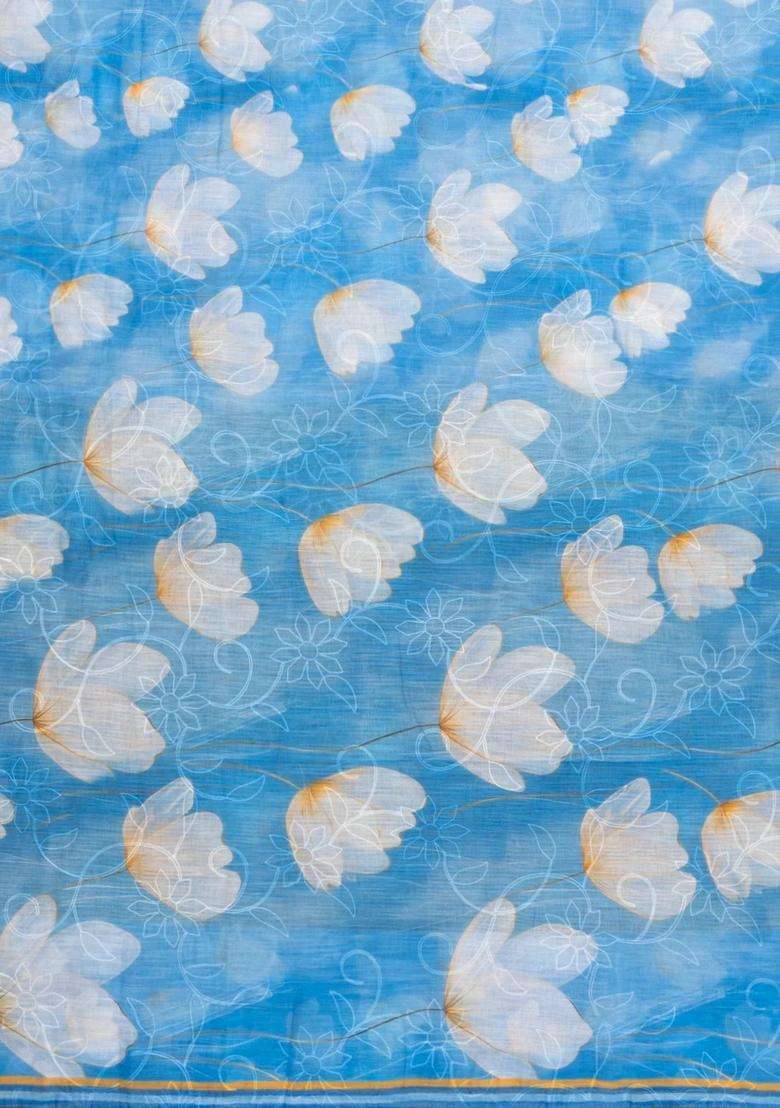 Sky Blue Printed Synthetic Linen Saree With Floral Motifs For Women - Indya