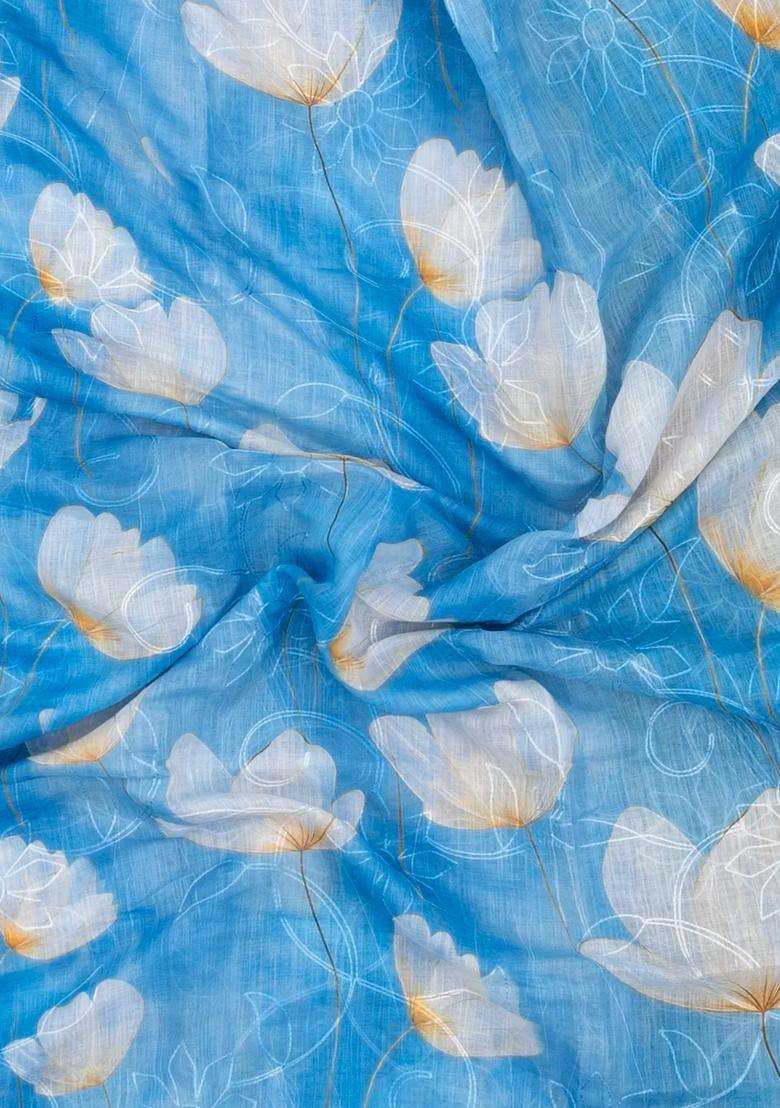 Sky Blue Printed Synthetic Linen Saree With Floral Motifs For Women - Indya