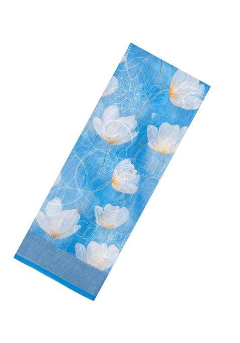 Sky Blue Printed Synthetic Linen Saree With Floral Motifs For Women