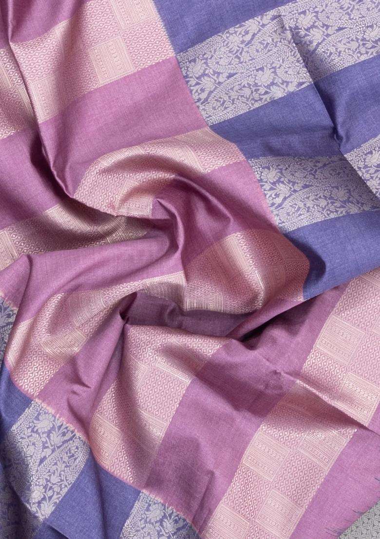 Dusty Pink Printed Synthetic Dupion Silk Linen Saree With Floral Motifs For Women - Indya