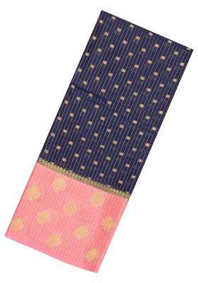 Navy Blue Woven Synthetic Silk Linen Saree With Zari Stripes Floral Motifs With Checks And Stripes Design For Women