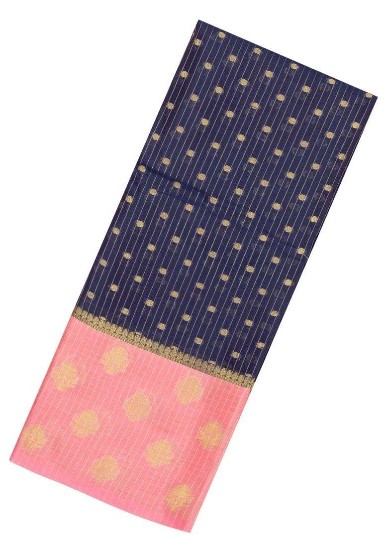 Navy Blue Woven Synthetic Silk Linen Saree With Zari Stripes Floral Motifs With Checks And Stripes Design For Women - Indya