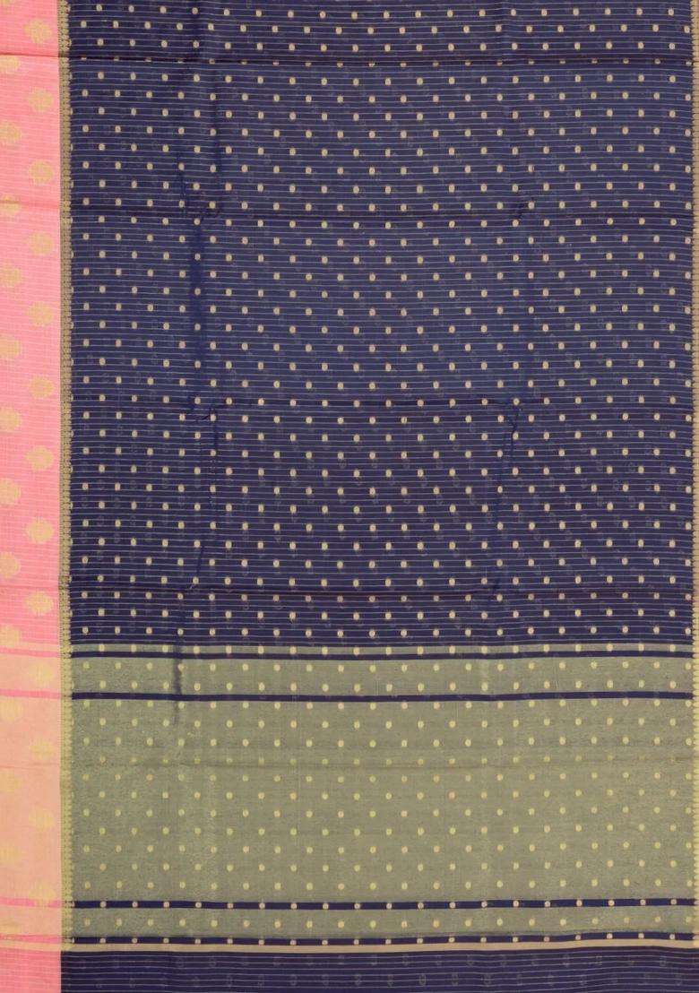 Navy Blue Woven Synthetic Silk Linen Saree With Zari Stripes Floral Motifs With Checks And Stripes Design For Women - Indya