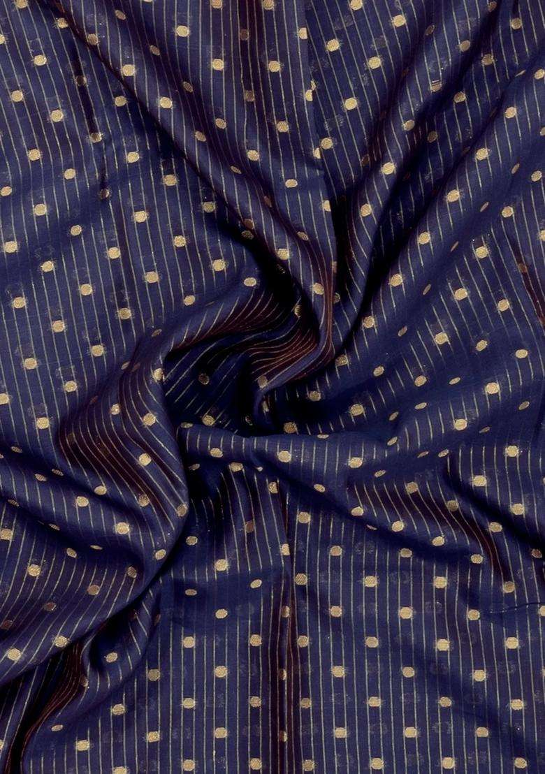 Navy Blue Woven Synthetic Silk Linen Saree With Zari Stripes Floral Motifs With Checks And Stripes Design For Women - Indya