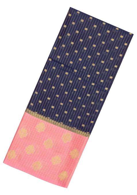 Navy Blue Woven Synthetic Silk Linen Saree With Zari Stripes Floral Motifs With Checks And Stripes Design For Women