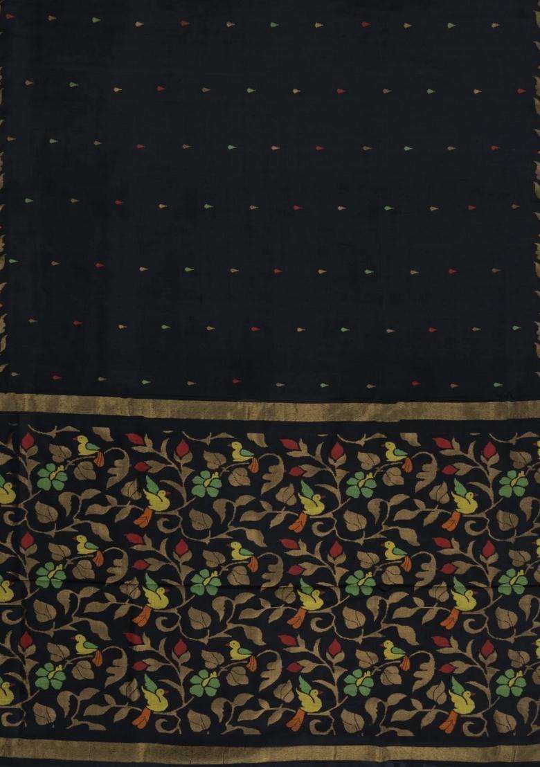 Black Handloom Uppada Silk Saree With Meena Buttas With Buttas And Brocade Design For Women - Indya