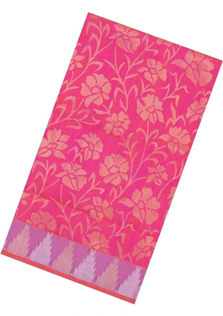 Peach Handloom Uppada Silk Saree With Floral Zari Motifs With Buttas And Brocade Design For Women - Indya