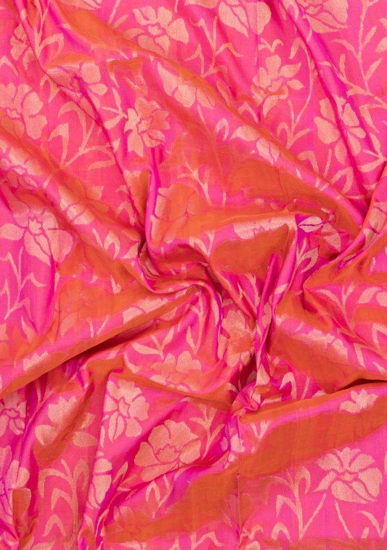 Peach Handloom Uppada Silk Saree With Floral Zari Motifs With Buttas And Brocade Design For Women - Indya