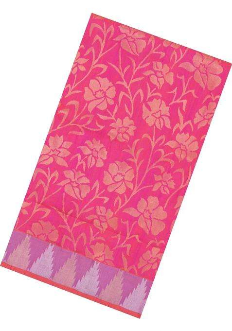 Peach Handloom Uppada Silk Saree With Floral Zari Motifs With Buttas And Brocade Design For Women