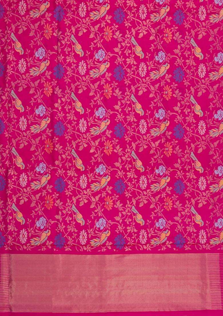 Pink Handloom Uppada Silk Saree With Meena Zari Motifs With Buttas And Brocade Design For Women - Indya