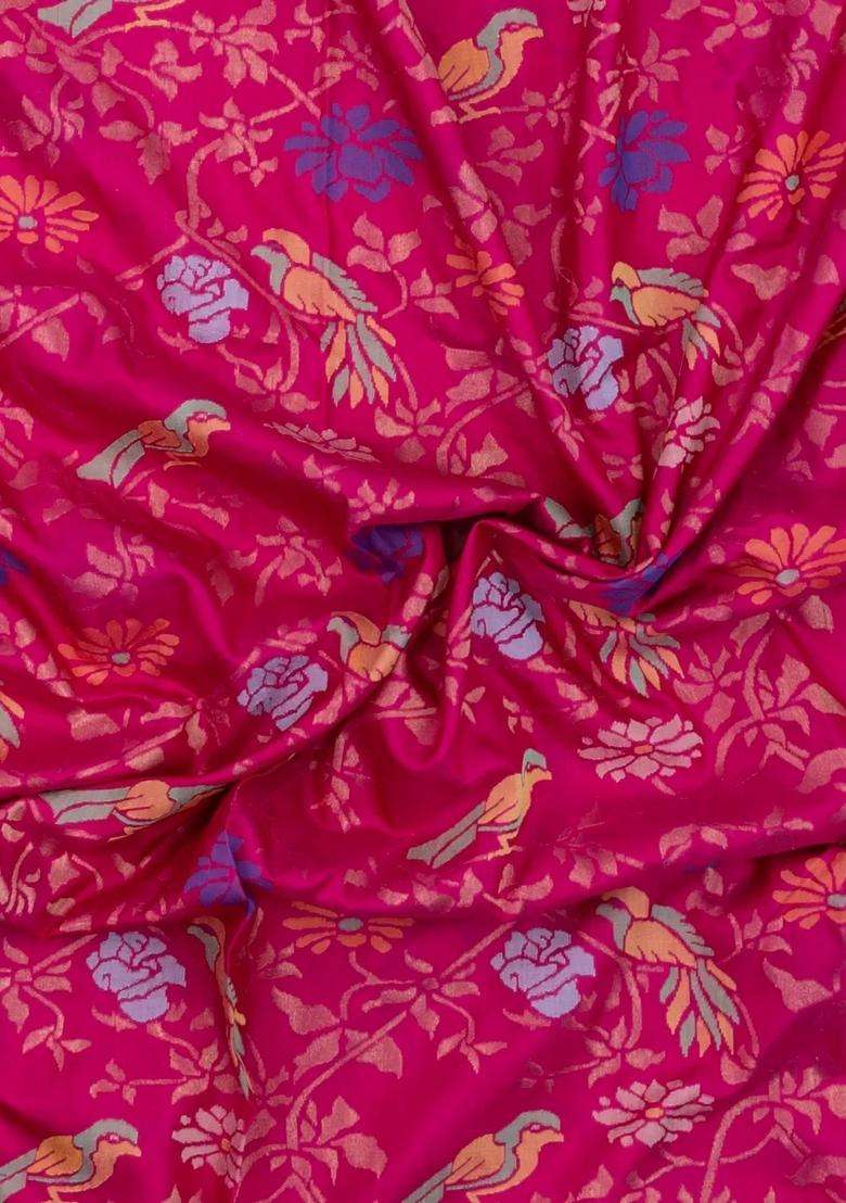 Pink Handloom Uppada Silk Saree With Meena Zari Motifs With Buttas And Brocade Design For Women - Indya
