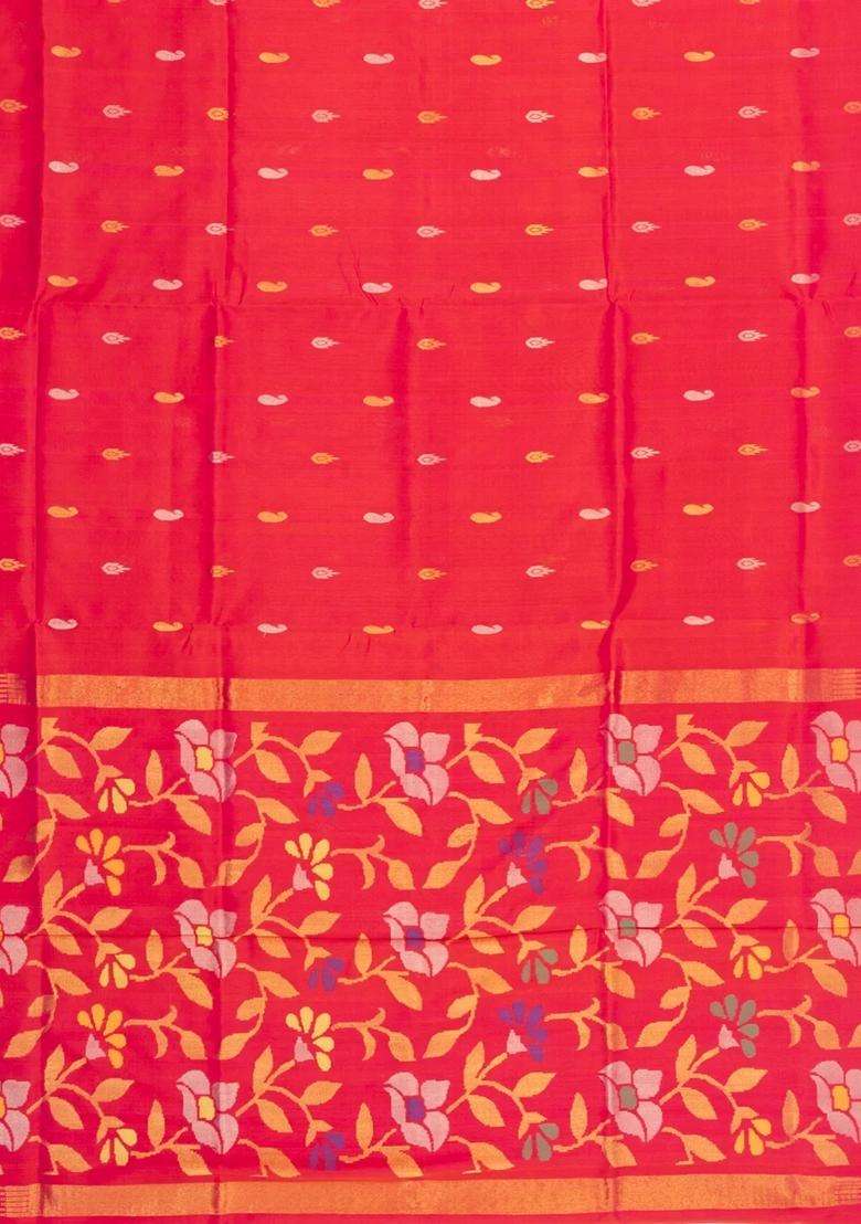 Red Handloom Uppada Silk Saree With Meena Buttas With Buttas And Brocade Design For Women - Indya