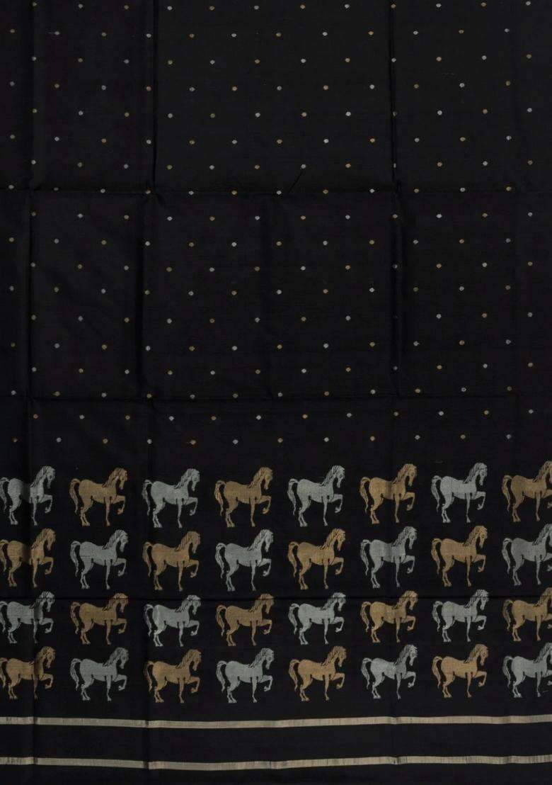 Black Handloom Uppada Silk Saree With Coin Buttas With Buttas And Brocade Design For Women - Indya