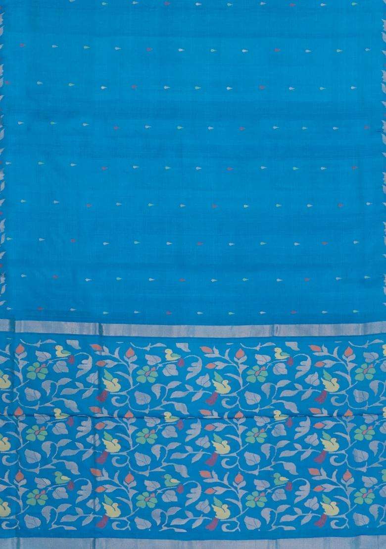 Cyan Handloom Uppada Silk Saree With Meena Floral Motifs With Buttas And Brocade Design For Women - Indya