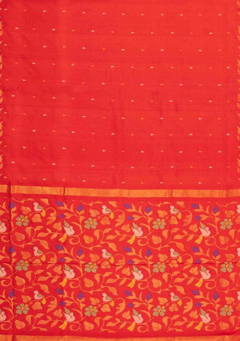 Red Handloom Uppada Silk Saree With Meena Floral Motifs With Buttas And Brocade Design For Women - Indya