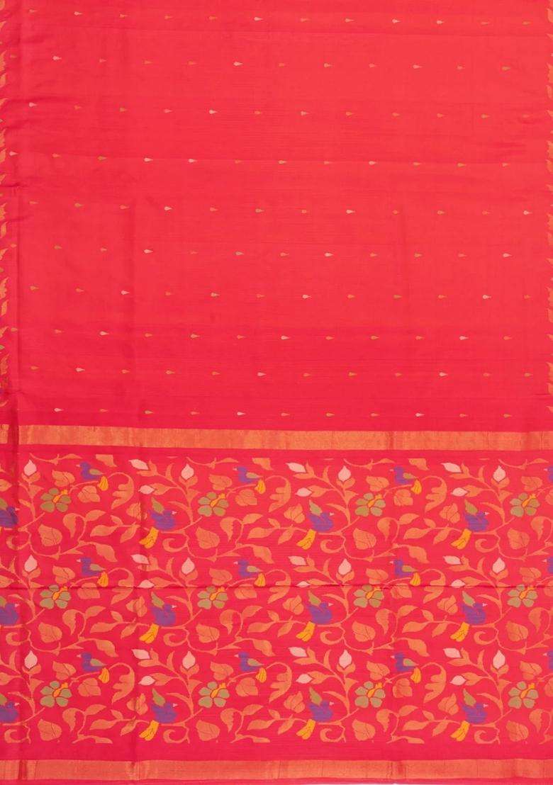 Red Handloom Uppada Silk Saree With Meena Floral Motifs With Buttas And Brocade Design For Women - Indya