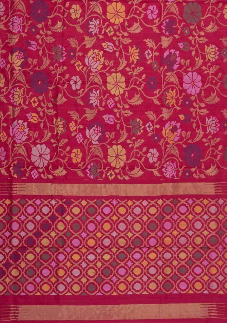 Crimson Handloom Uppada Silk Saree With Meena Floral Zari Motifs With Buttas And Brocade Design For Women - Indya