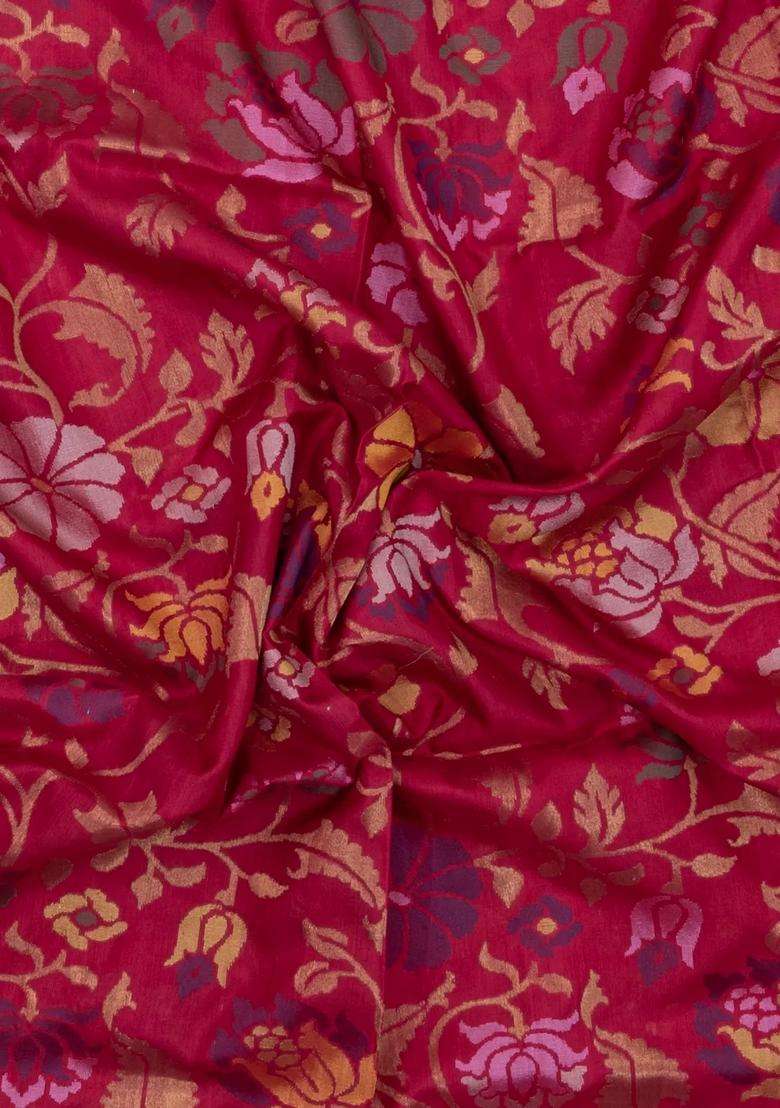 Crimson Handloom Uppada Silk Saree With Meena Floral Zari Motifs With Buttas And Brocade Design For Women - Indya