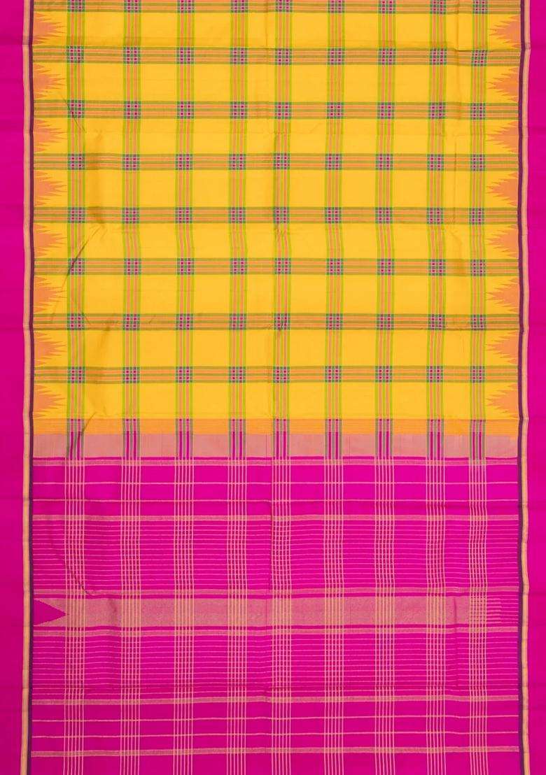 Yellow Handloom Korvai Kanchipuram Silk Saree With Meena Checks With Korvai And Temple Border Design For Women - Indya