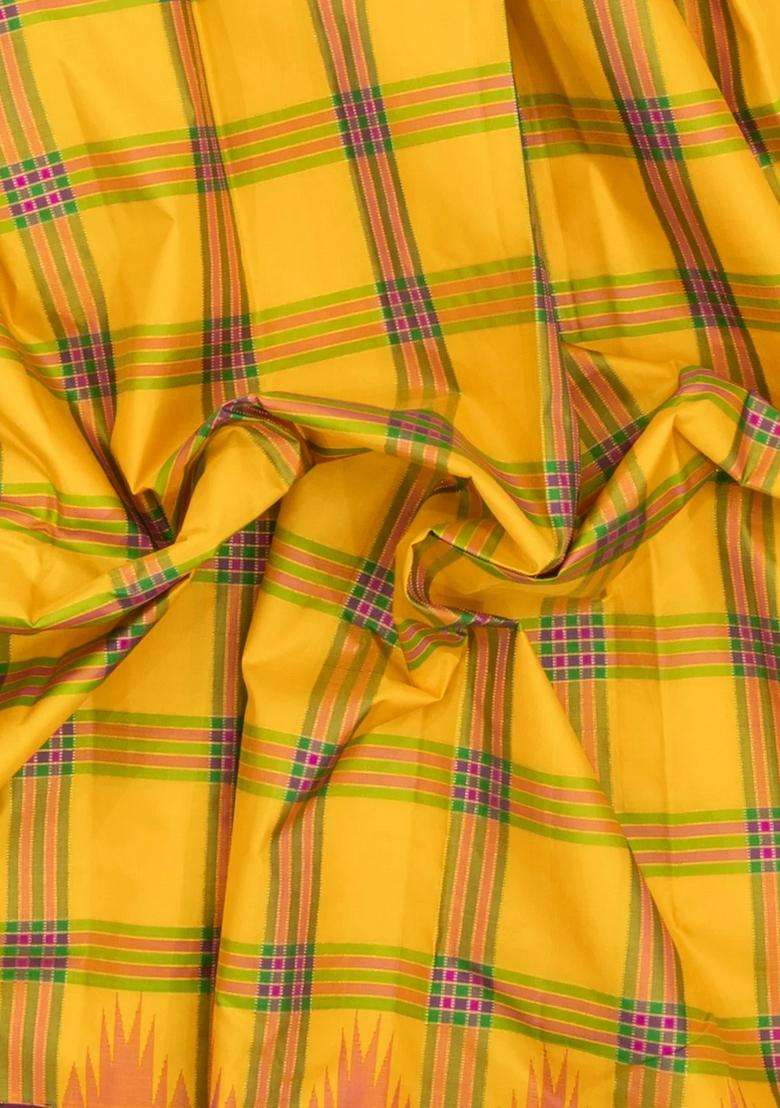 Yellow Handloom Korvai Kanchipuram Silk Saree With Meena Checks With Korvai And Temple Border Design For Women - Indya