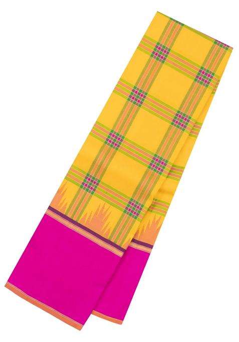 Yellow Handloom Korvai Kanchipuram Silk Saree With Meena Checks With Korvai And Temple Border Design For Women