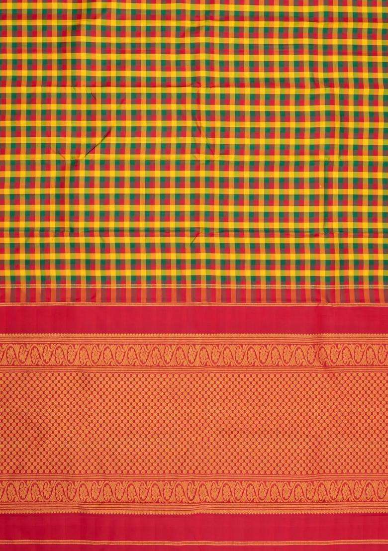 Multi Colour Handloom Korvai Kanchipuram Silk Saree With Paalum Pazham Checks With Korvai And Temple Border Design For Women - Indya