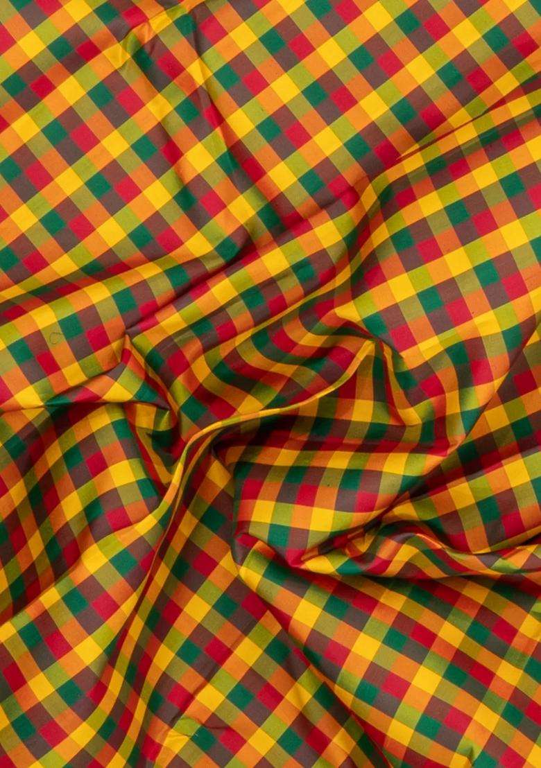Multi Colour Handloom Korvai Kanchipuram Silk Saree With Paalum Pazham Checks With Korvai And Temple Border Design For Women - Indya