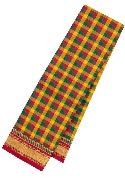Multi Colour Handloom Korvai Kanchipuram Silk Saree With Paalum Pazham Checks With Korvai And Temple Border Design For Women