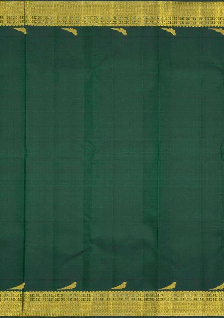 Bottle Green Handloom Kanchipuram Silk Saree With Rudraksham Motifs With Buttas And Brocade Design For Women - Indya